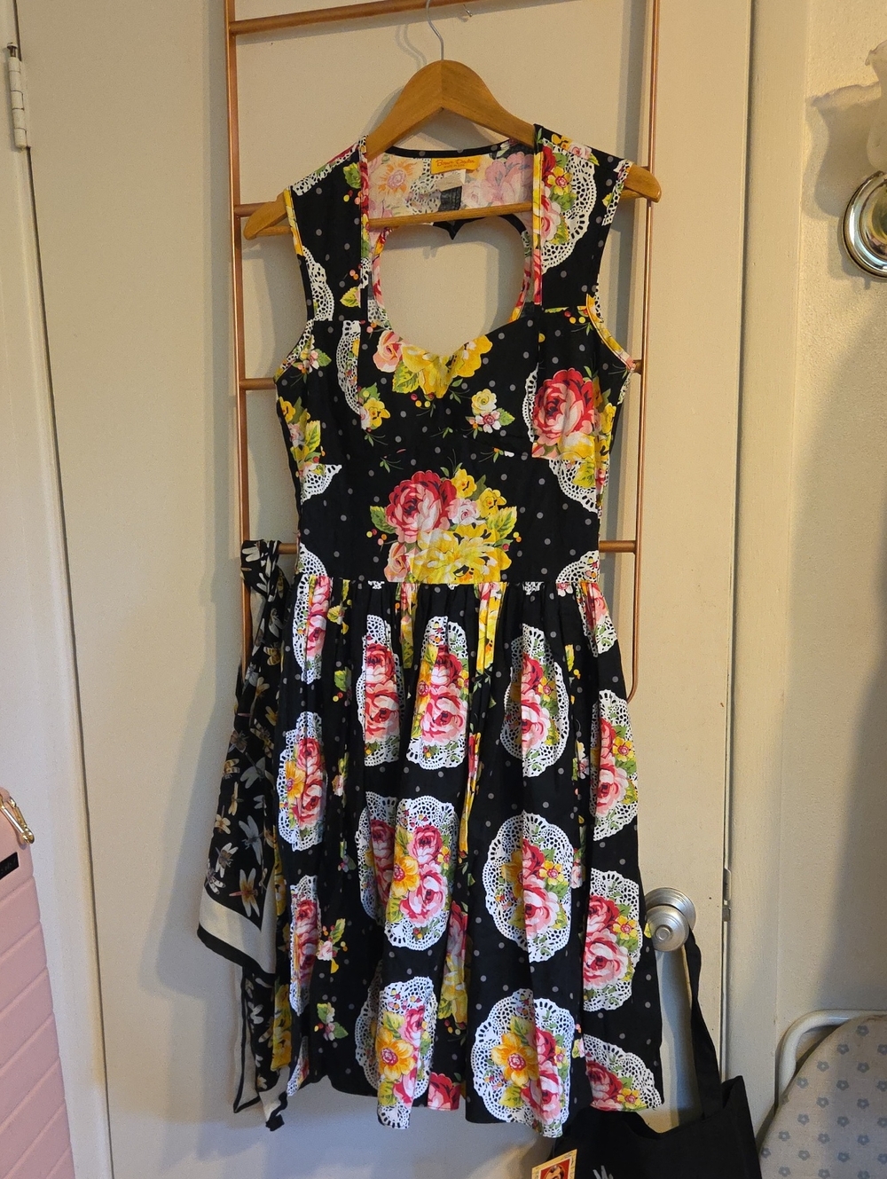 Bernie Dexter Doilie Black Floral Vintage Dress with Pink & Yellow Roses